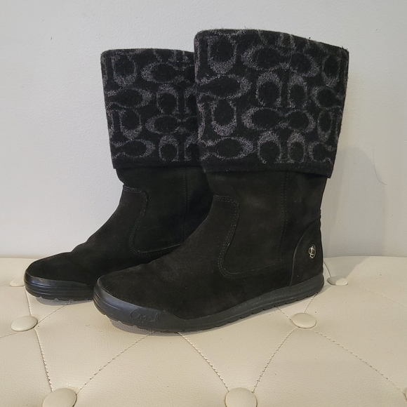 COACH Tatum Black Suede and Wool Signature Print Boots Size 6.5 - Picture 1 of 11